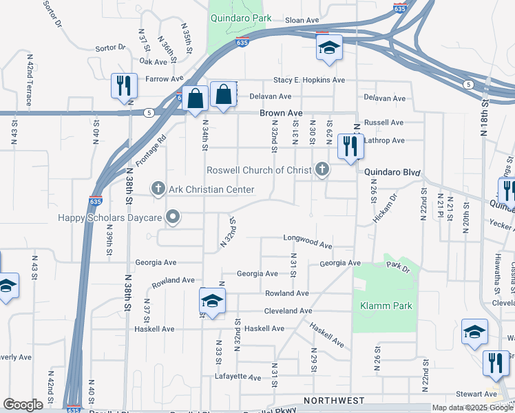map of restaurants, bars, coffee shops, grocery stores, and more near 3221 Kimball Avenue in Kansas City