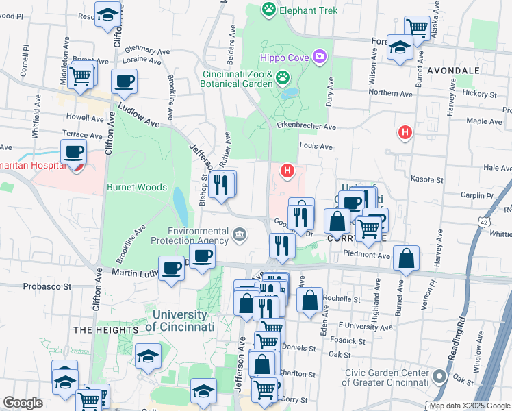 map of restaurants, bars, coffee shops, grocery stores, and more near 3201 Vine Street in Cincinnati