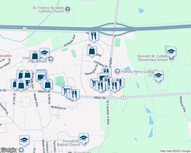 map of restaurants, bars, coffee shops, grocery stores, and more near 37859 Wexford Place in Purcellville