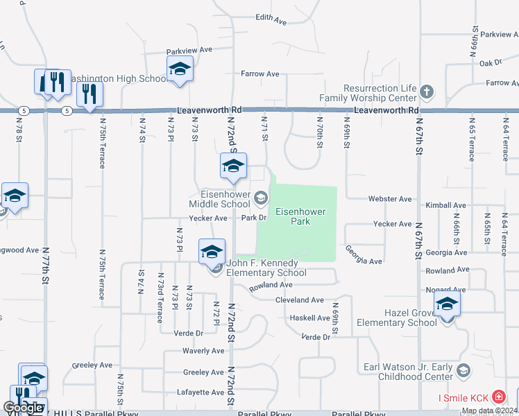 map of restaurants, bars, coffee shops, grocery stores, and more near 2901 North 72nd Street in Kansas City