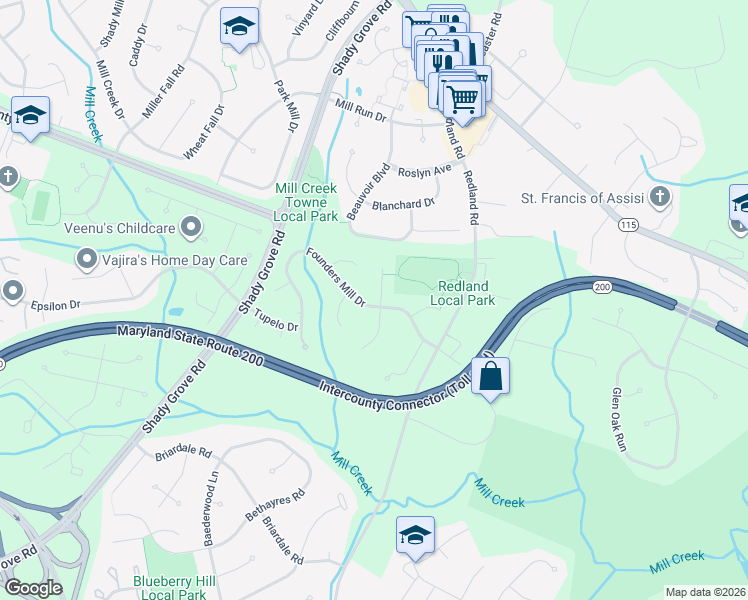 map of restaurants, bars, coffee shops, grocery stores, and more near 17100 Flatwood Drive in Derwood