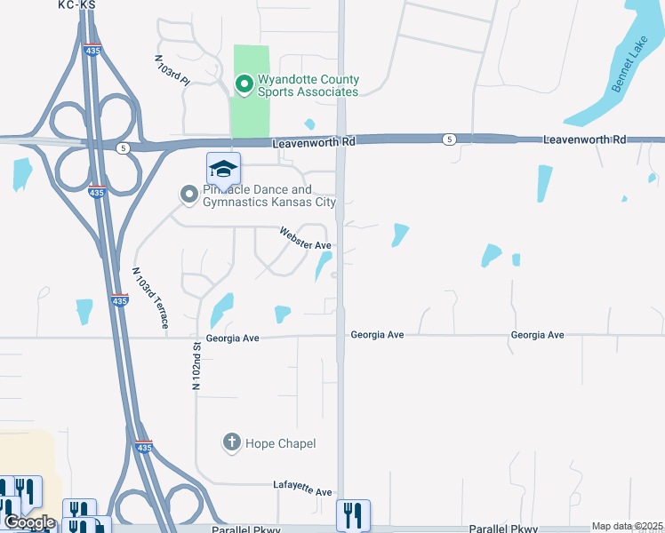 map of restaurants, bars, coffee shops, grocery stores, and more near 9905 Webster Lane in Kansas City