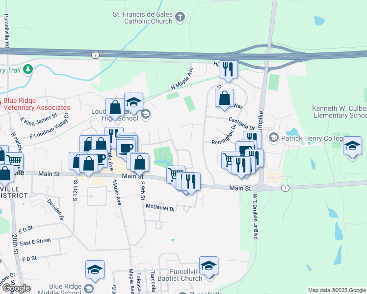 map of restaurants, bars, coffee shops, grocery stores, and more near 140 Ivy Hills Terrace in Purcellville