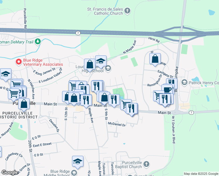 map of restaurants, bars, coffee shops, grocery stores, and more near 808 Maple Flats Terrace in Purcellville