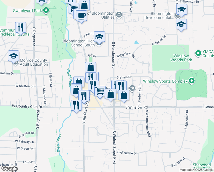 map of restaurants, bars, coffee shops, grocery stores, and more near 548 East Graham Place in Bloomington