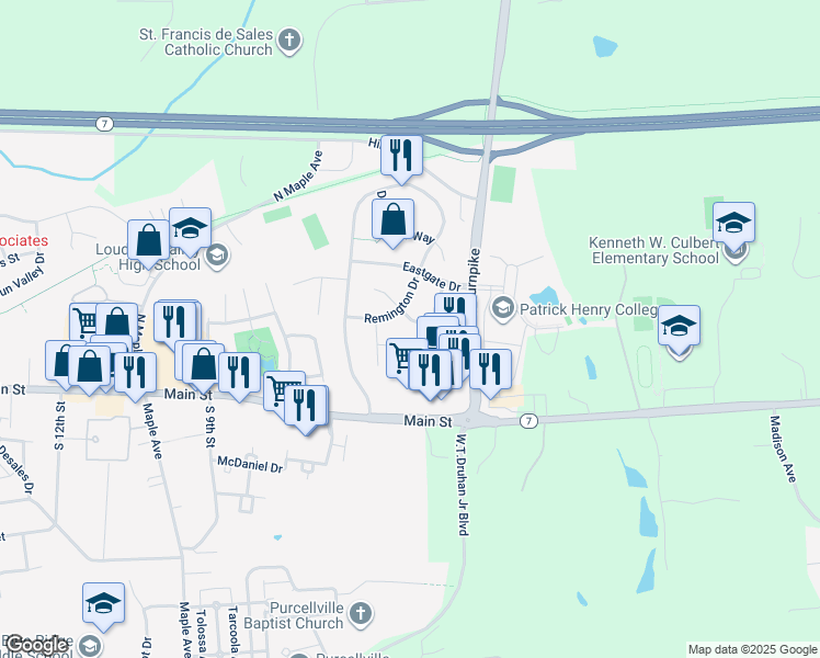 map of restaurants, bars, coffee shops, grocery stores, and more near 37859 Wexford Place in Purcellville