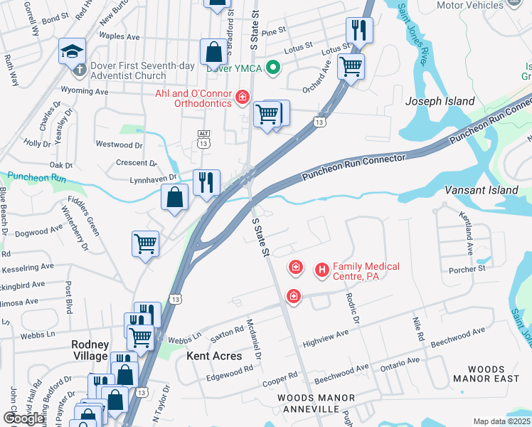 map of restaurants, bars, coffee shops, grocery stores, and more near 1360 South State Street in Dover