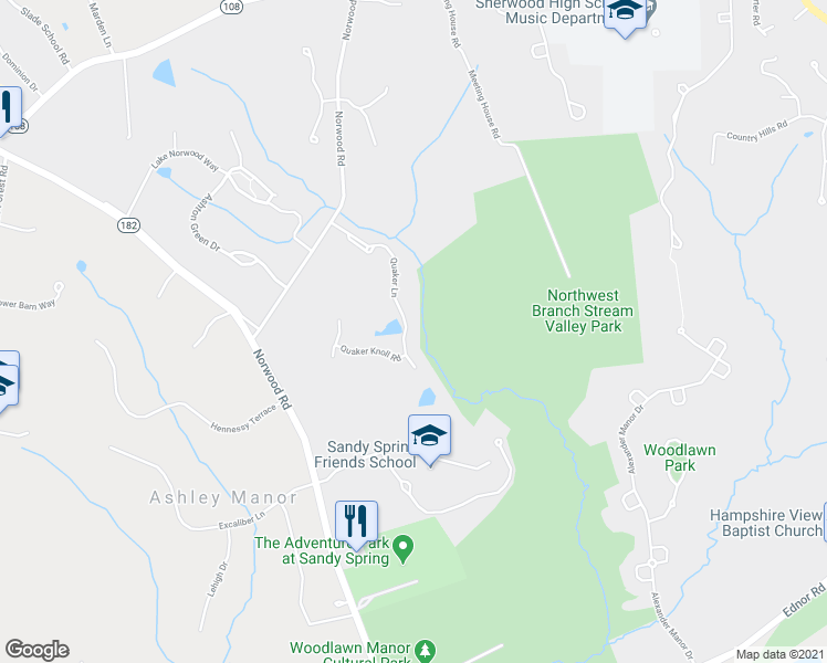 map of restaurants, bars, coffee shops, grocery stores, and more near 17201 Quaker Lane in Ashton-Sandy Spring