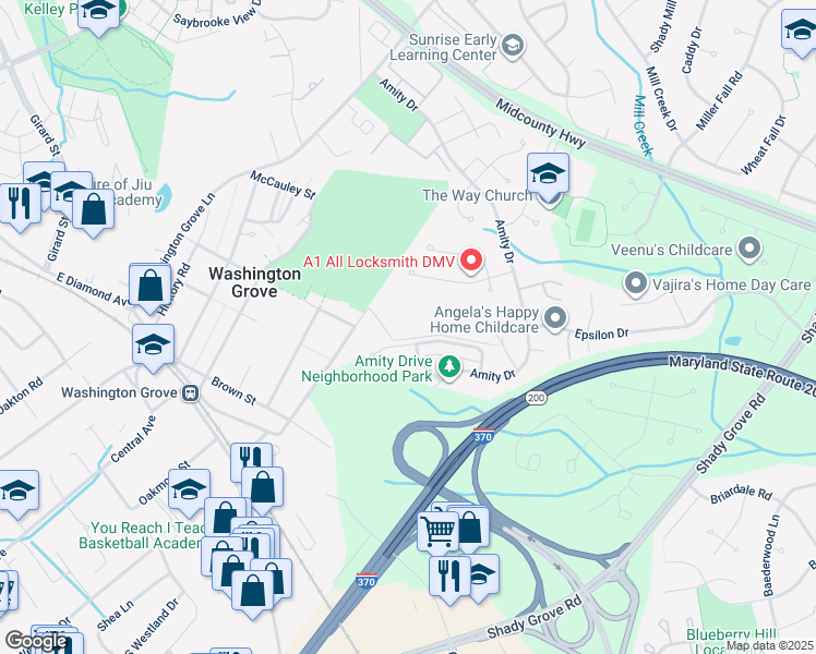 map of restaurants, bars, coffee shops, grocery stores, and more near 328 Ridge Road in Washington Grove