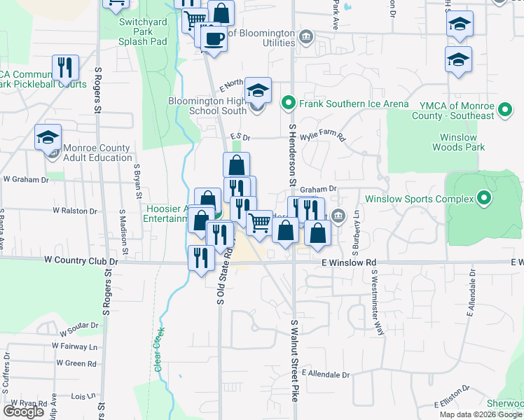 map of restaurants, bars, coffee shops, grocery stores, and more near 514 East Graham Place in Bloomington