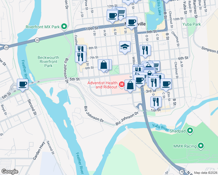 map of restaurants, bars, coffee shops, grocery stores, and more near 726 4th Street in Marysville
