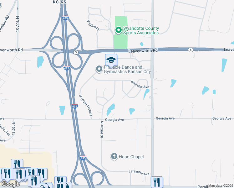 map of restaurants, bars, coffee shops, grocery stores, and more near 2815 North 102nd Street in Kansas City