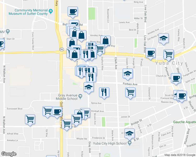 map of restaurants, bars, coffee shops, grocery stores, and more near 875 Forbes Avenue in Yuba City