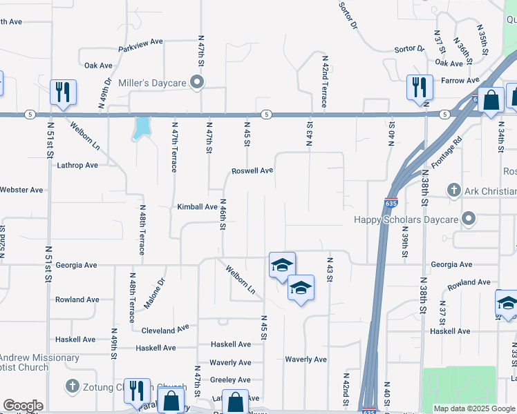 map of restaurants, bars, coffee shops, grocery stores, and more near 2809 North 45 Street in Kansas City