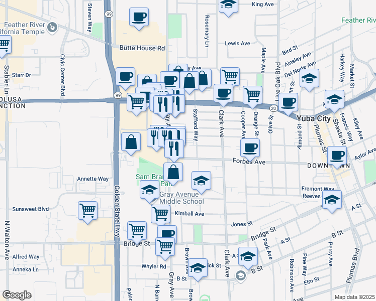map of restaurants, bars, coffee shops, grocery stores, and more near 875 Forbes Avenue in Yuba City