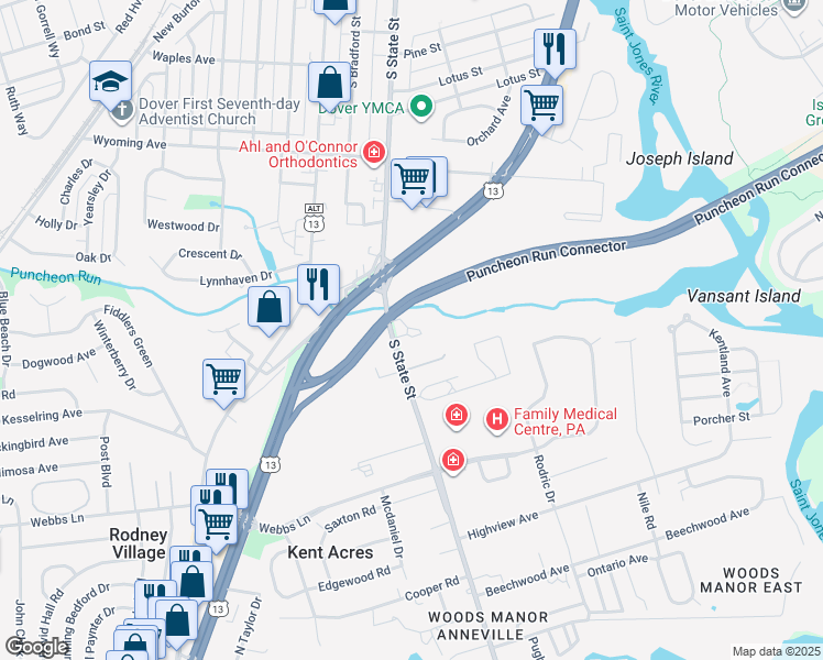 map of restaurants, bars, coffee shops, grocery stores, and more near 1360 South State Street in Dover