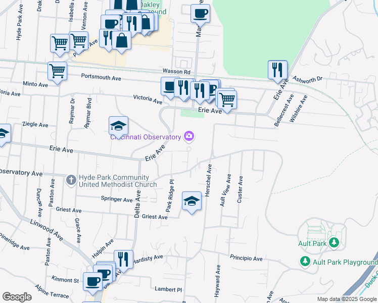 map of restaurants, bars, coffee shops, grocery stores, and more near 3445 Observatory Place in Cincinnati