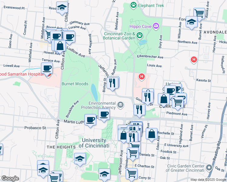 map of restaurants, bars, coffee shops, grocery stores, and more near in Cincinnati
