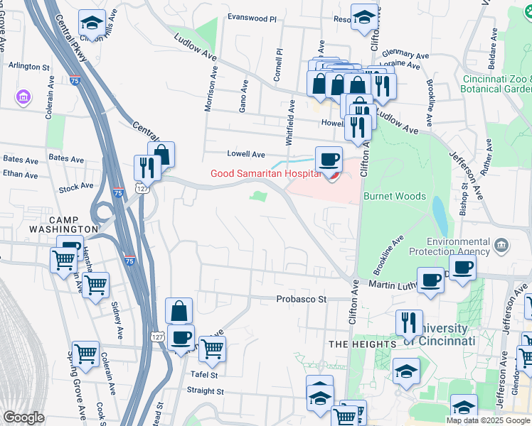 map of restaurants, bars, coffee shops, grocery stores, and more near 3124 Riddle View Lane in Cincinnati