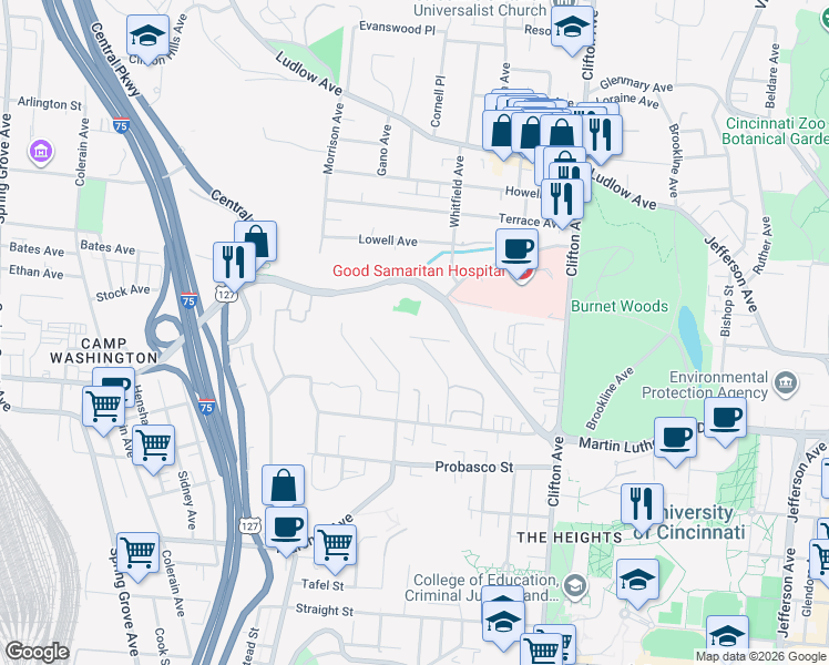 map of restaurants, bars, coffee shops, grocery stores, and more near 3124 Riddle View Lane in Cincinnati