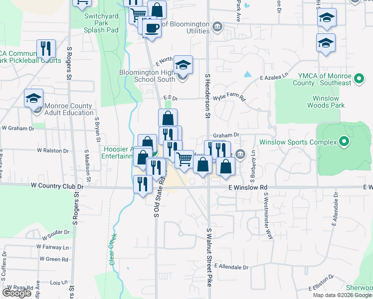 map of restaurants, bars, coffee shops, grocery stores, and more near 514 East Graham Place in Bloomington