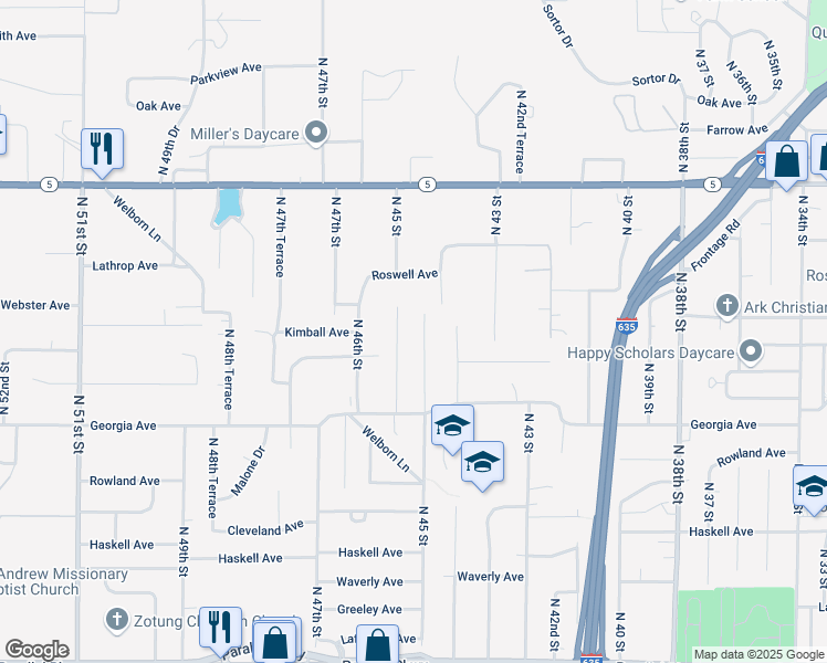 map of restaurants, bars, coffee shops, grocery stores, and more near 2809 North 45 Street in Kansas City