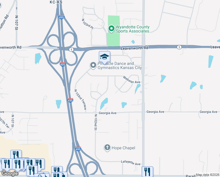 map of restaurants, bars, coffee shops, grocery stores, and more near 2815 North 102nd Street in Kansas City