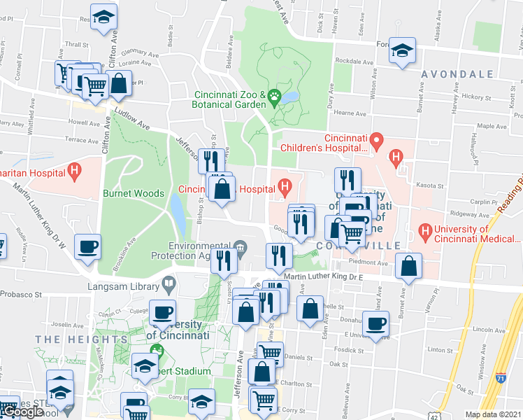 map of restaurants, bars, coffee shops, grocery stores, and more near 3213 Vine Street in Cincinnati