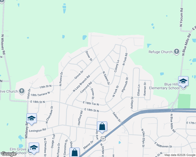 map of restaurants, bars, coffee shops, grocery stores, and more near 18904 East 19th Terrace North in Independence