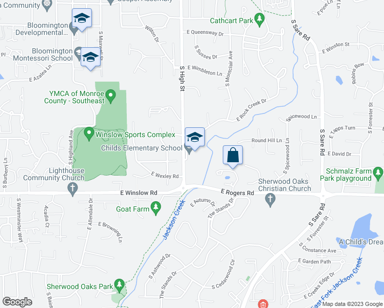 map of restaurants, bars, coffee shops, grocery stores, and more near 2211 South High Street in Bloomington