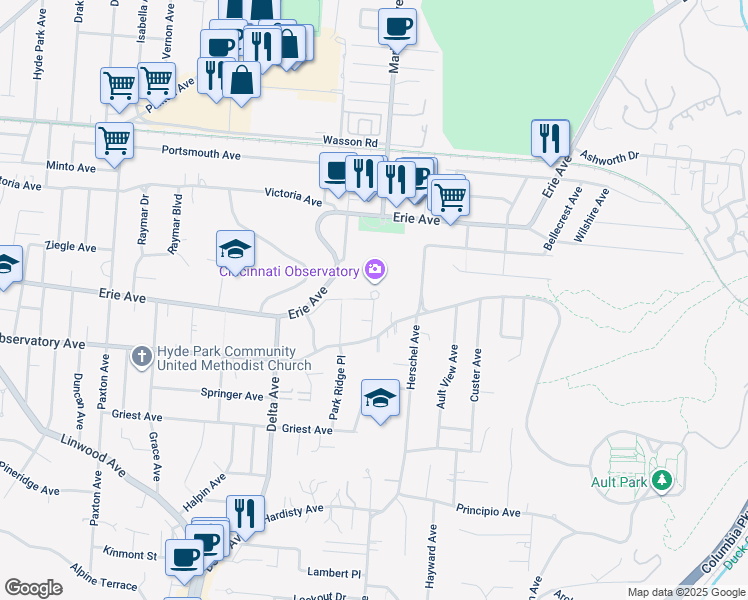 map of restaurants, bars, coffee shops, grocery stores, and more near Observatory Place in Cincinnati