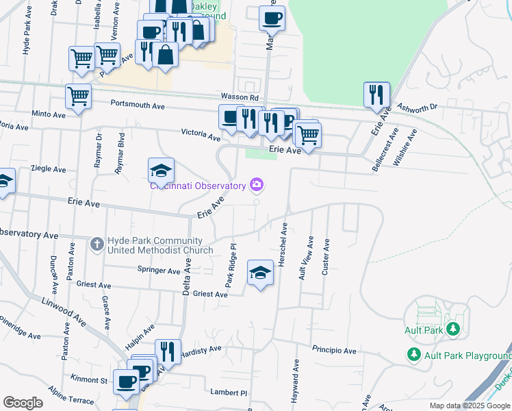 map of restaurants, bars, coffee shops, grocery stores, and more near Observatory Place in Cincinnati