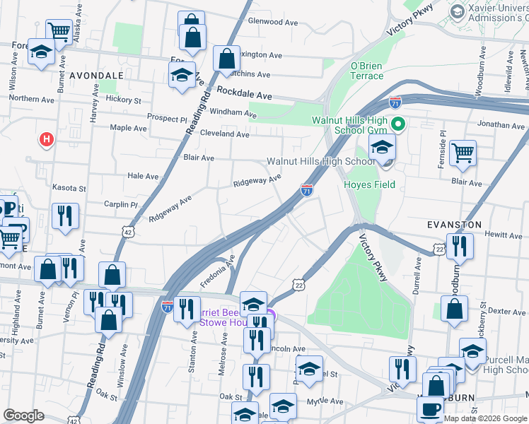 map of restaurants, bars, coffee shops, grocery stores, and more near 27 Melbourne Street in Cincinnati