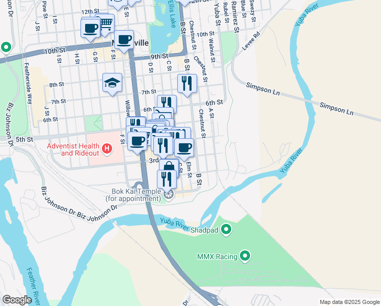 map of restaurants, bars, coffee shops, grocery stores, and more near 229 B Street in Marysville