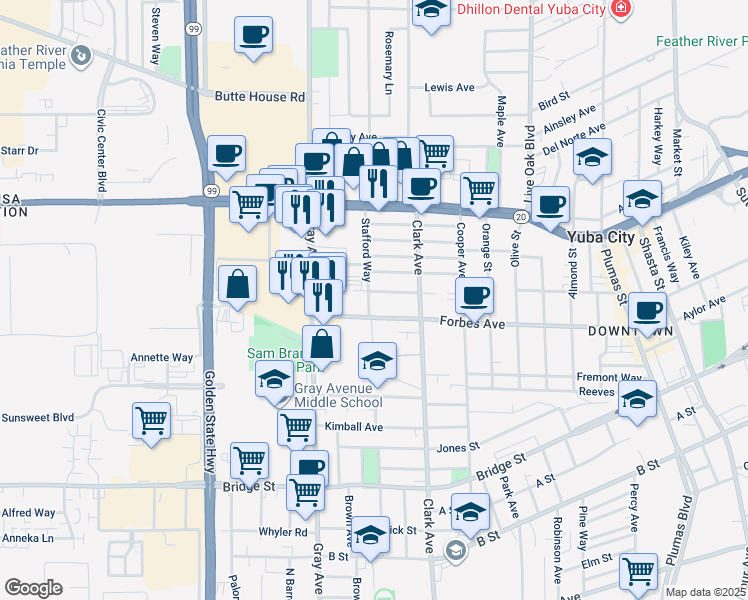map of restaurants, bars, coffee shops, grocery stores, and more near 830 Bandy Way in Yuba City