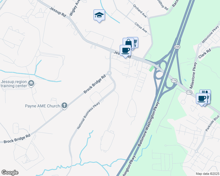 map of restaurants, bars, coffee shops, grocery stores, and more near 560 National Business Parkway in Jessup