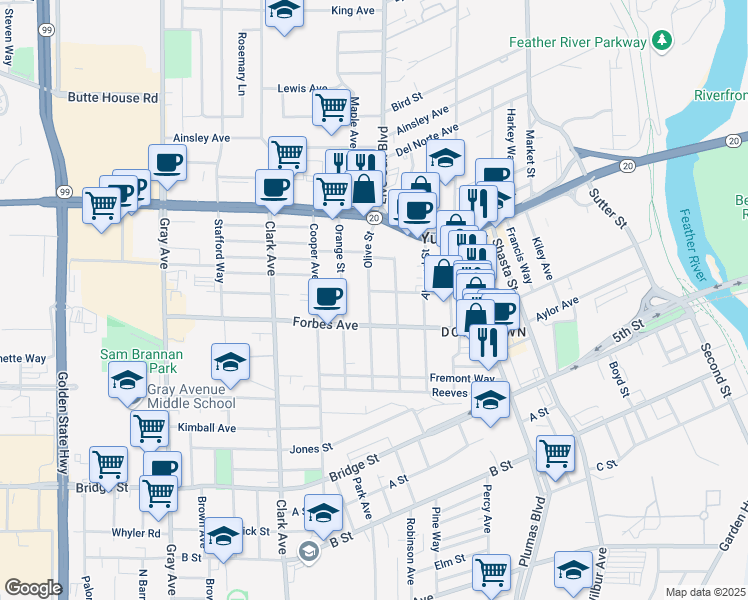 map of restaurants, bars, coffee shops, grocery stores, and more near 817 Olive Street in Yuba City