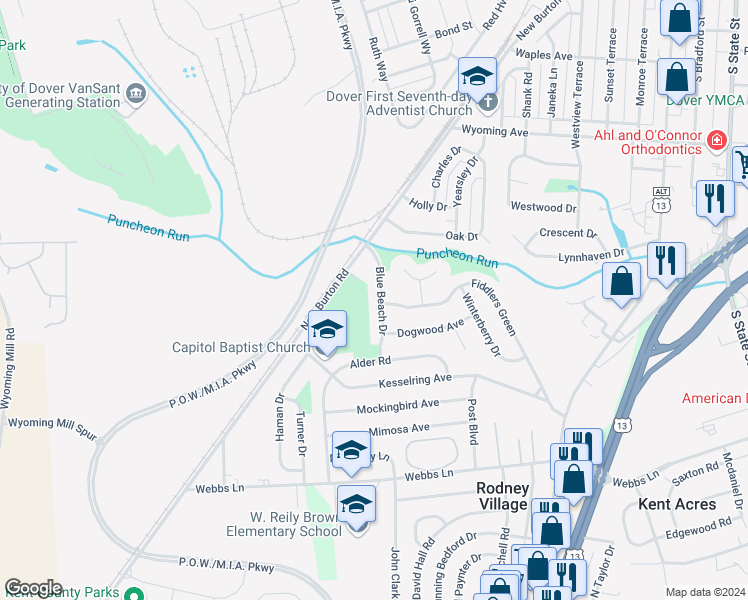 map of restaurants, bars, coffee shops, grocery stores, and more near 132 Blue Beach Drive in Dover