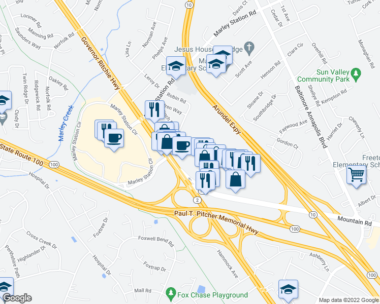map of restaurants, bars, coffee shops, grocery stores, and more near 7927 Ritchie Highway in Glen Burnie