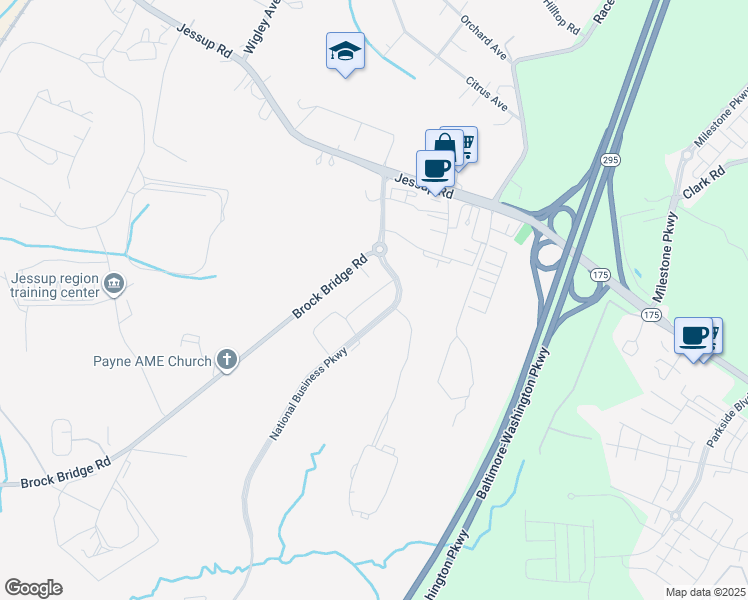map of restaurants, bars, coffee shops, grocery stores, and more near 560 National Business Parkway in Jessup