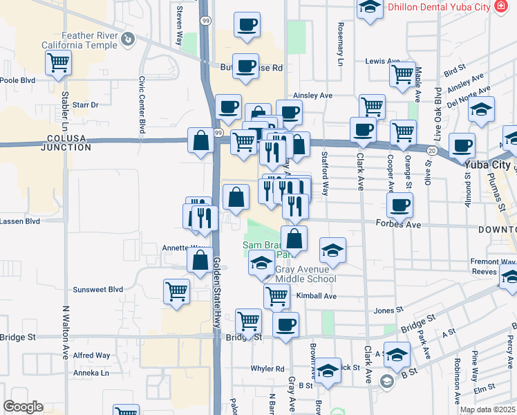 map of restaurants, bars, coffee shops, grocery stores, and more near 812 Gray Avenue in Yuba City