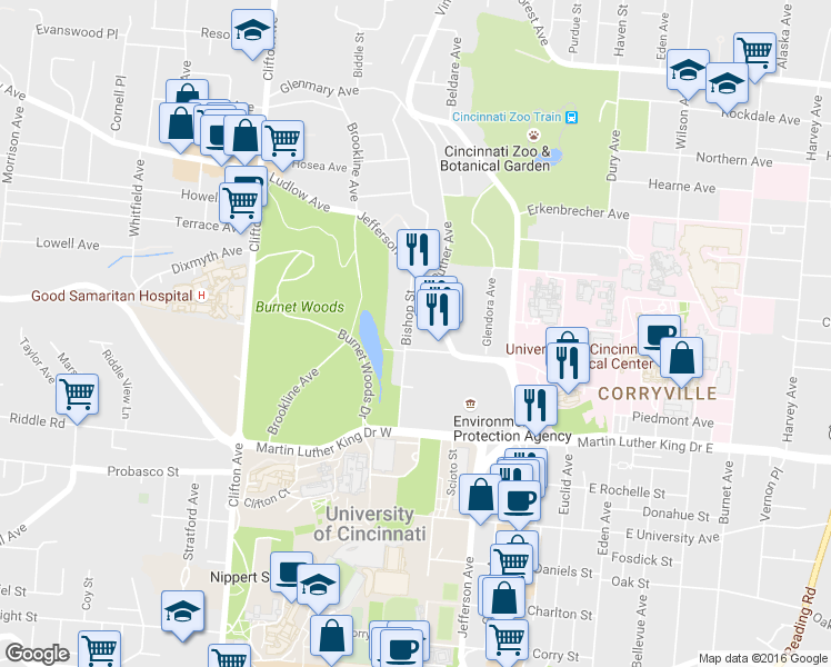 map of restaurants, bars, coffee shops, grocery stores, and more near 127 West Nixon Street in Cincinnati