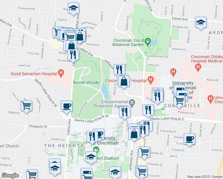 map of restaurants, bars, coffee shops, grocery stores, and more near 3139 Bishop Street in Cincinnati