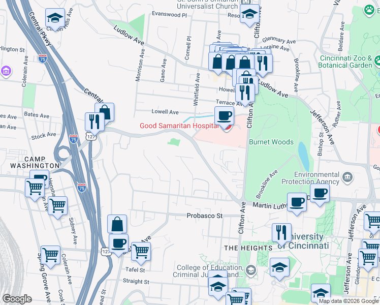 map of restaurants, bars, coffee shops, grocery stores, and more near 3124 Riddle View Lane in Cincinnati