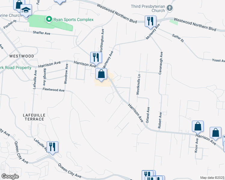 map of restaurants, bars, coffee shops, grocery stores, and more near 2371 Harrison Avenue in Cincinnati