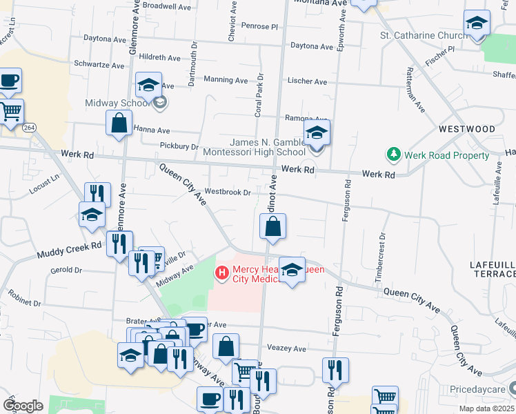 map of restaurants, bars, coffee shops, grocery stores, and more near 2943 Westridge Avenue in Cincinnati