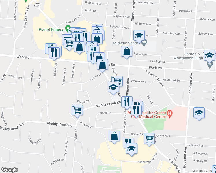 map of restaurants, bars, coffee shops, grocery stores, and more near 2835 Rose Bud Drive in Cincinnati