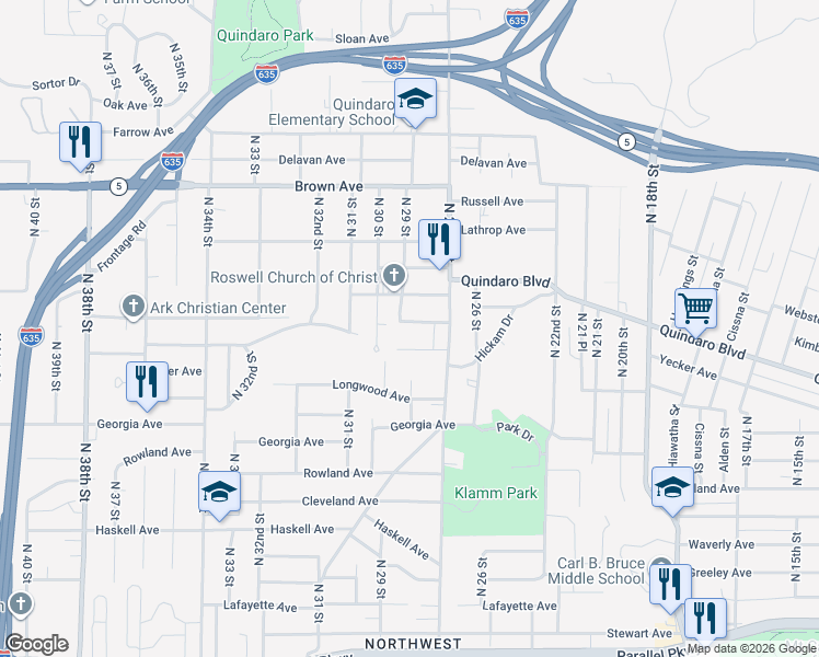 map of restaurants, bars, coffee shops, grocery stores, and more near 2726 Kimball Avenue in Kansas City