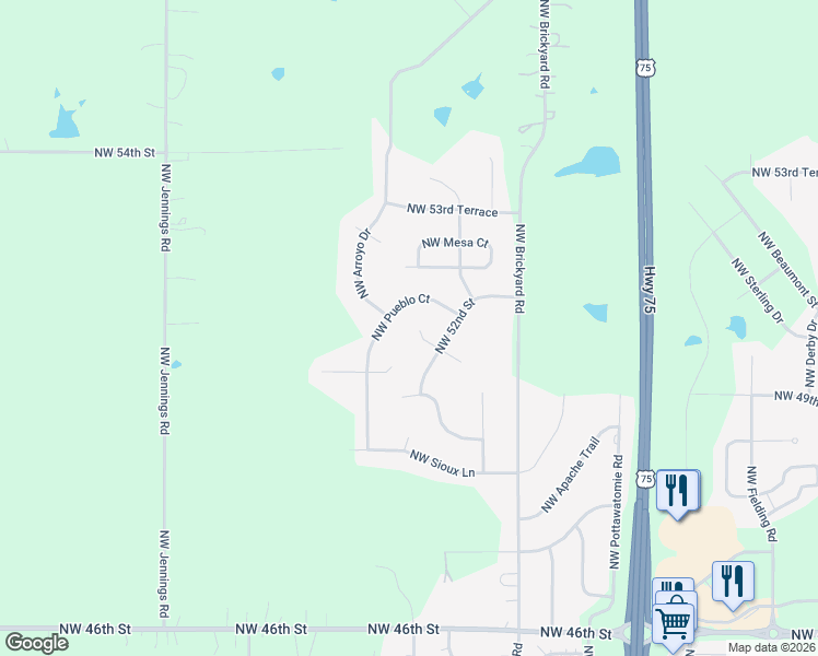 map of restaurants, bars, coffee shops, grocery stores, and more near 4459 Northwest 51st Court in Topeka