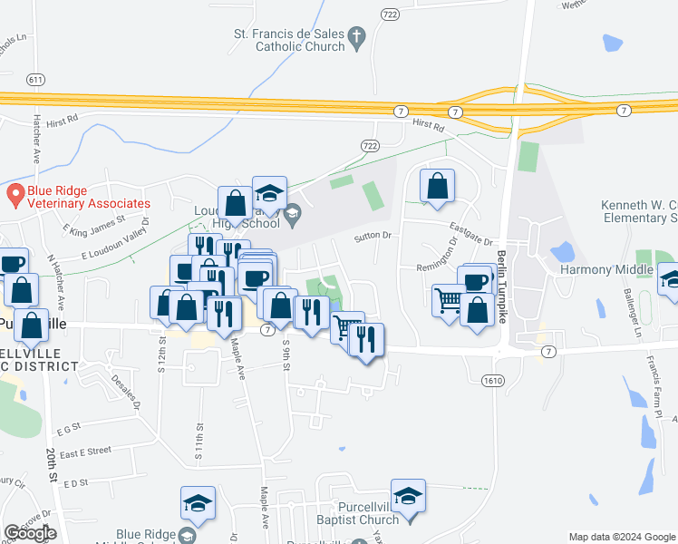 map of restaurants, bars, coffee shops, grocery stores, and more near 135 Misty Pond Terrace in Purcellville